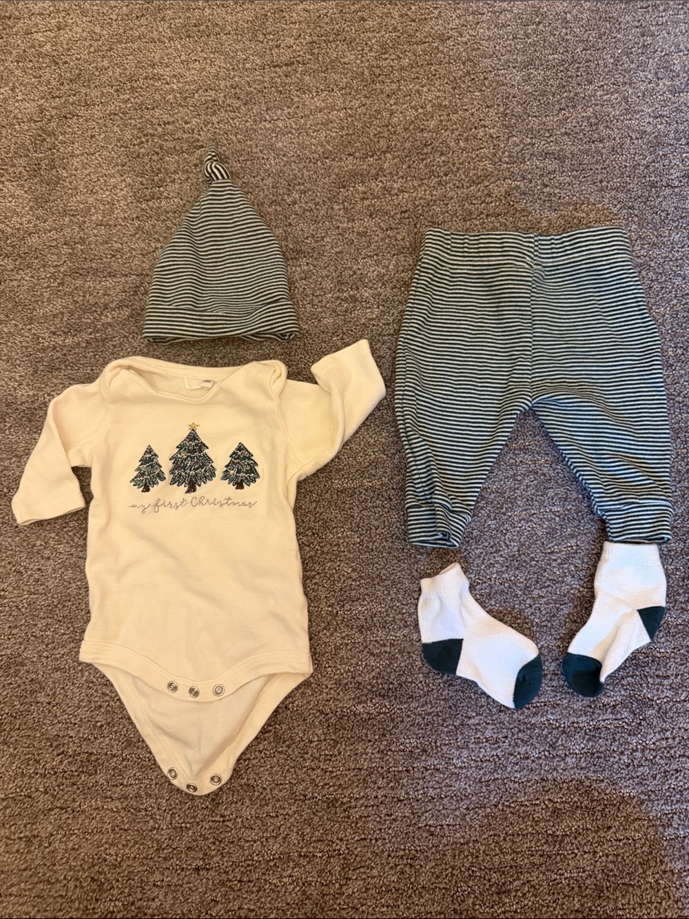 Starting Out Cream One-Piece with Green Tree Design and Striped Hat & Pants